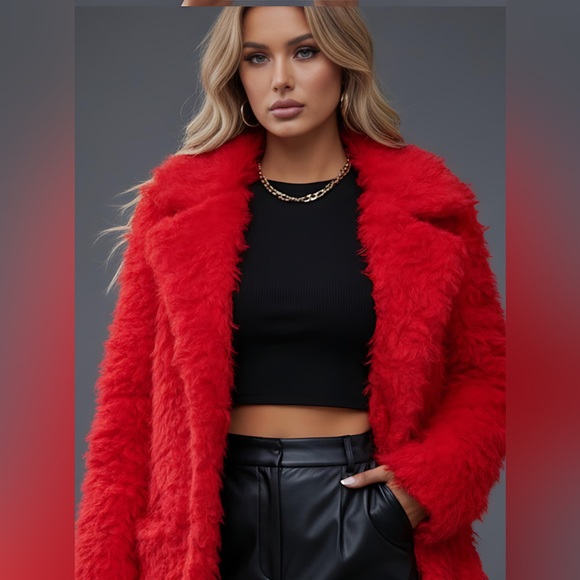 Red Fuzzy Coat With Pockets - Picture 2 of 11